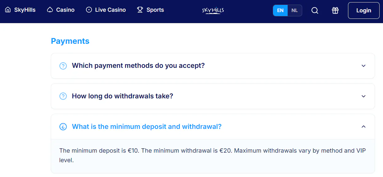 SkyHills FAQ section showing general withdrawal and KYC information