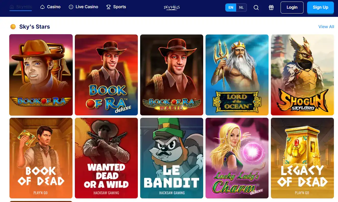 SkyHills casino lobby with game categories