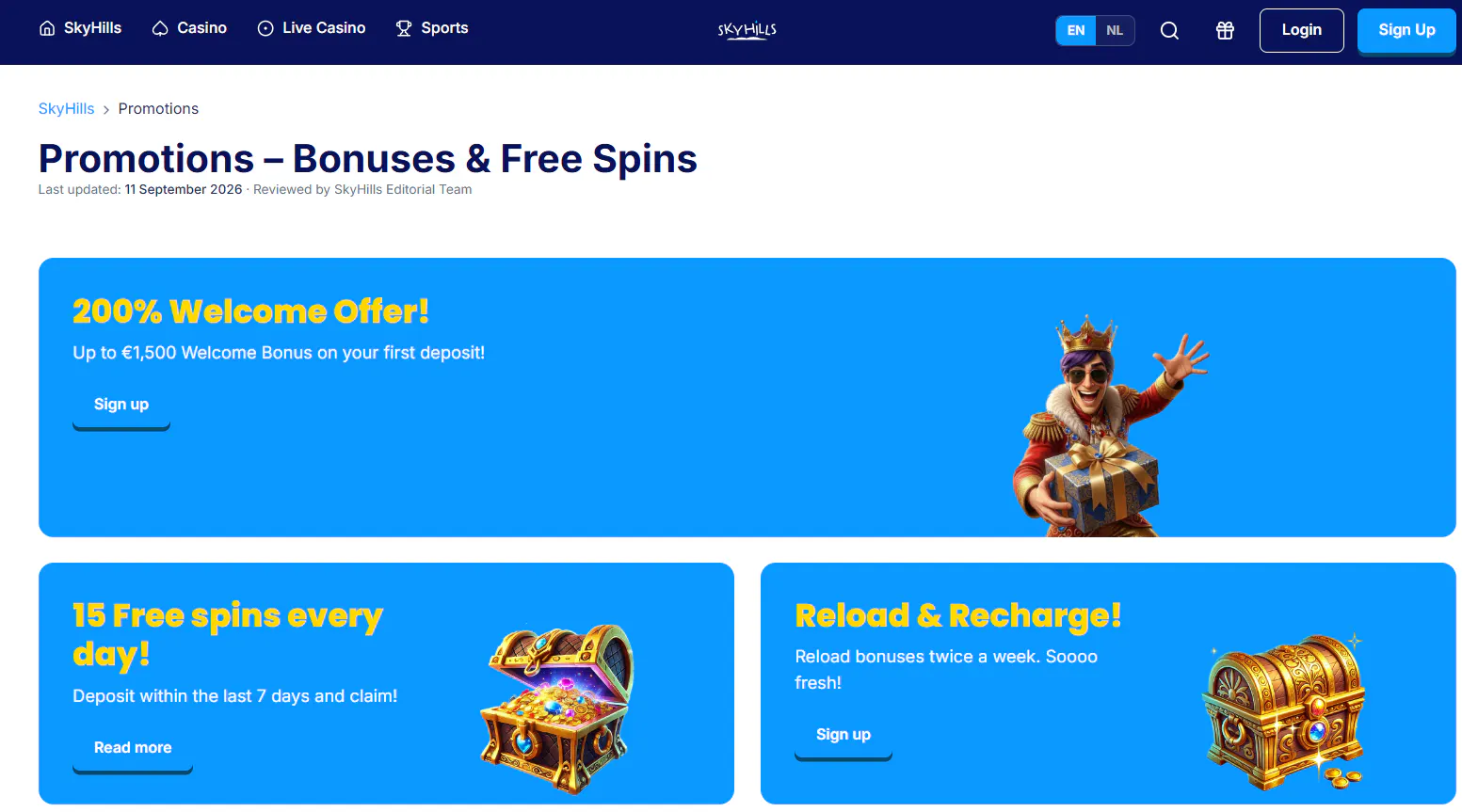 SkyHills promotions page with current casino offers