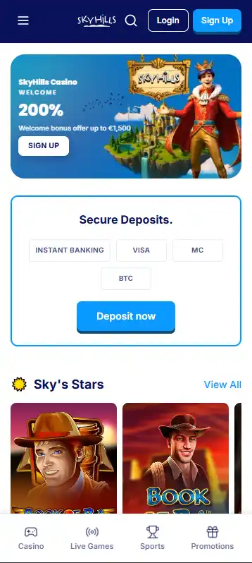 SkyHills casino displayed in a mobile browser